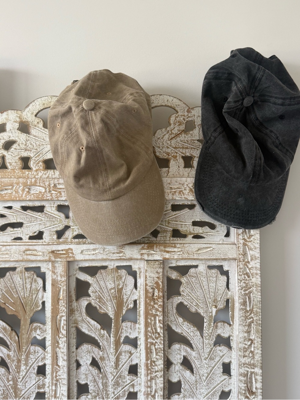 Pair of distressed dad caps, tan + black baseball caps